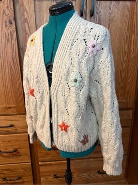 Lush Cream Cable Knit Cardigan with Multicolor Floral Appliqués